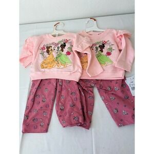 Disney Princess Belle Tiana Pink Floral Sweatshirt Pants Set Toddler  6-9 Months